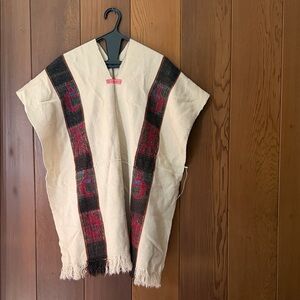 Handwoven Cream Poncho with Brown and Red Accents